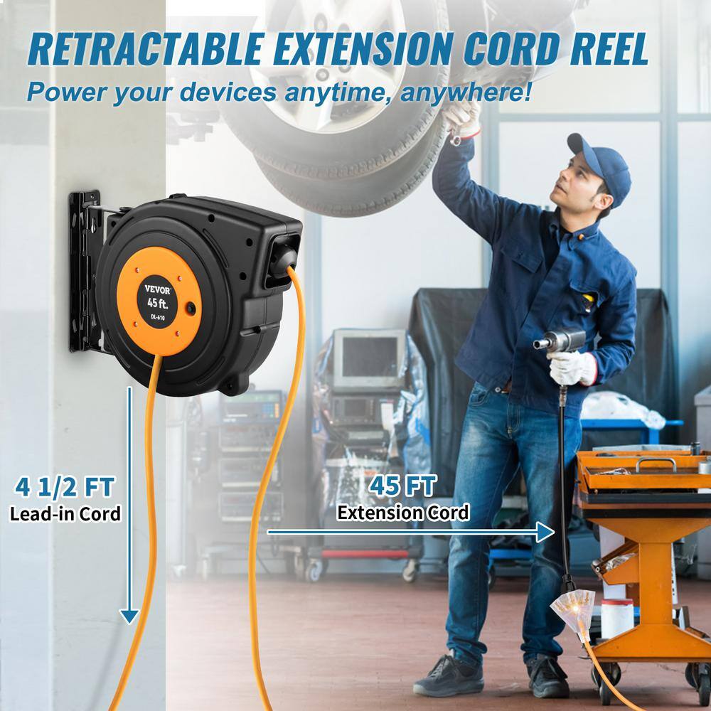 VEVOR Retractable Extension Cord Reel 45 ft. 15 Amp 12AWG3C SJTOW Power Cord w Lighted Outlet 180 Bracket Wall Mount Black SSSJXQMC45FT164EXV1