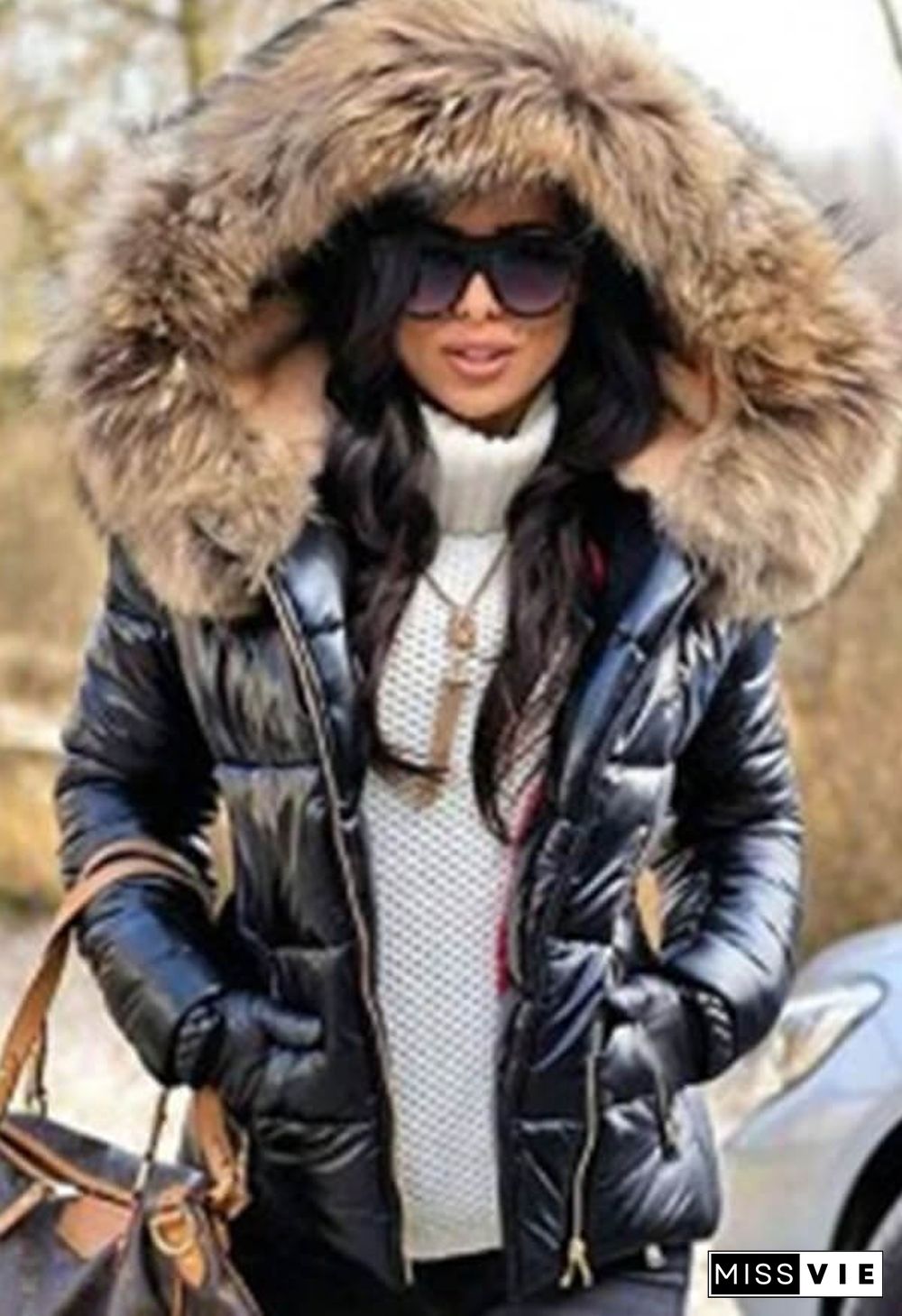 Fashion Solid Color Thick Fur Collar Down Jacket