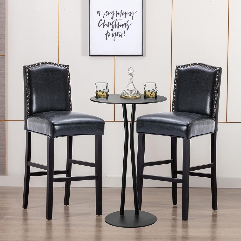 Upholstered Accent Tall Barstool Wooden Legs Nailhead Trim Full Padded Back Support for Dining Room Kitchen Pub Cafe，Set of 2