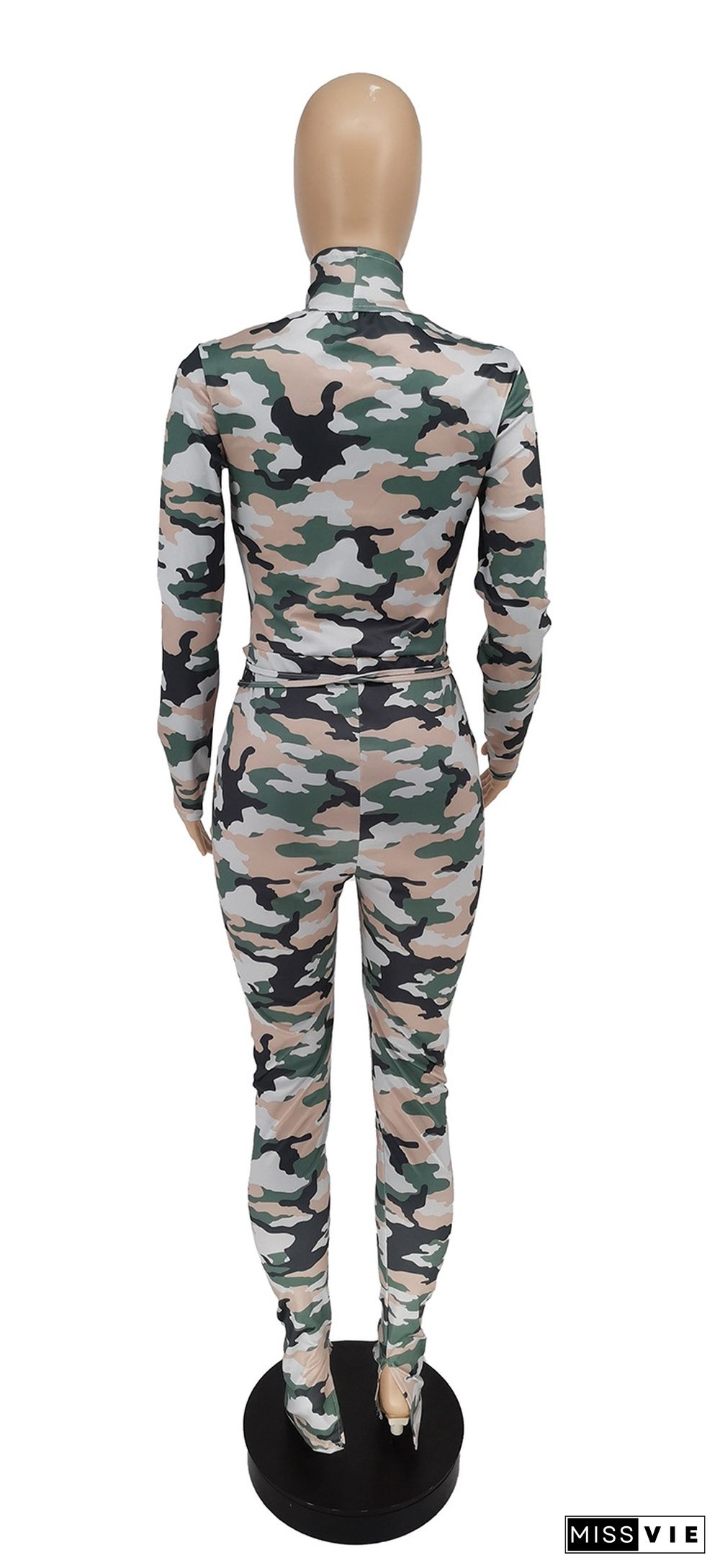 Women Camouflage Lace Up Hollow Out Long Sleeve Jumpsuit