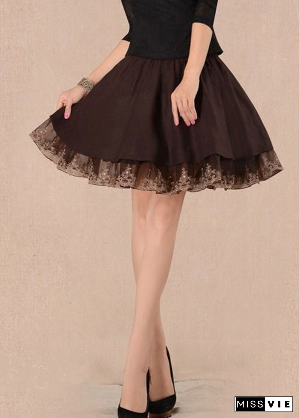 Women Chocolate Tulle Patchwork High Waist Woolen A Line Skirts Winter