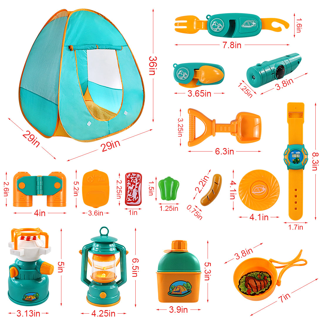 Kids Camping Play Tent Gear Set with Pretend Equipment Tool Indoor Outdoor Toys for Toddlers