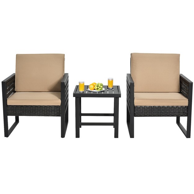 Tangkula 3 piece Patio Wicker Bistro Set Conversation Furniture Sofa With Coffee Table