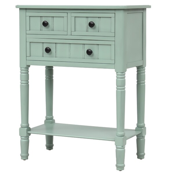 Narrow Console Table with 3 Storage Drawers and Black Round Deco Knobs， Slim Sofa Table with Bottom Shelf， Antique Blue