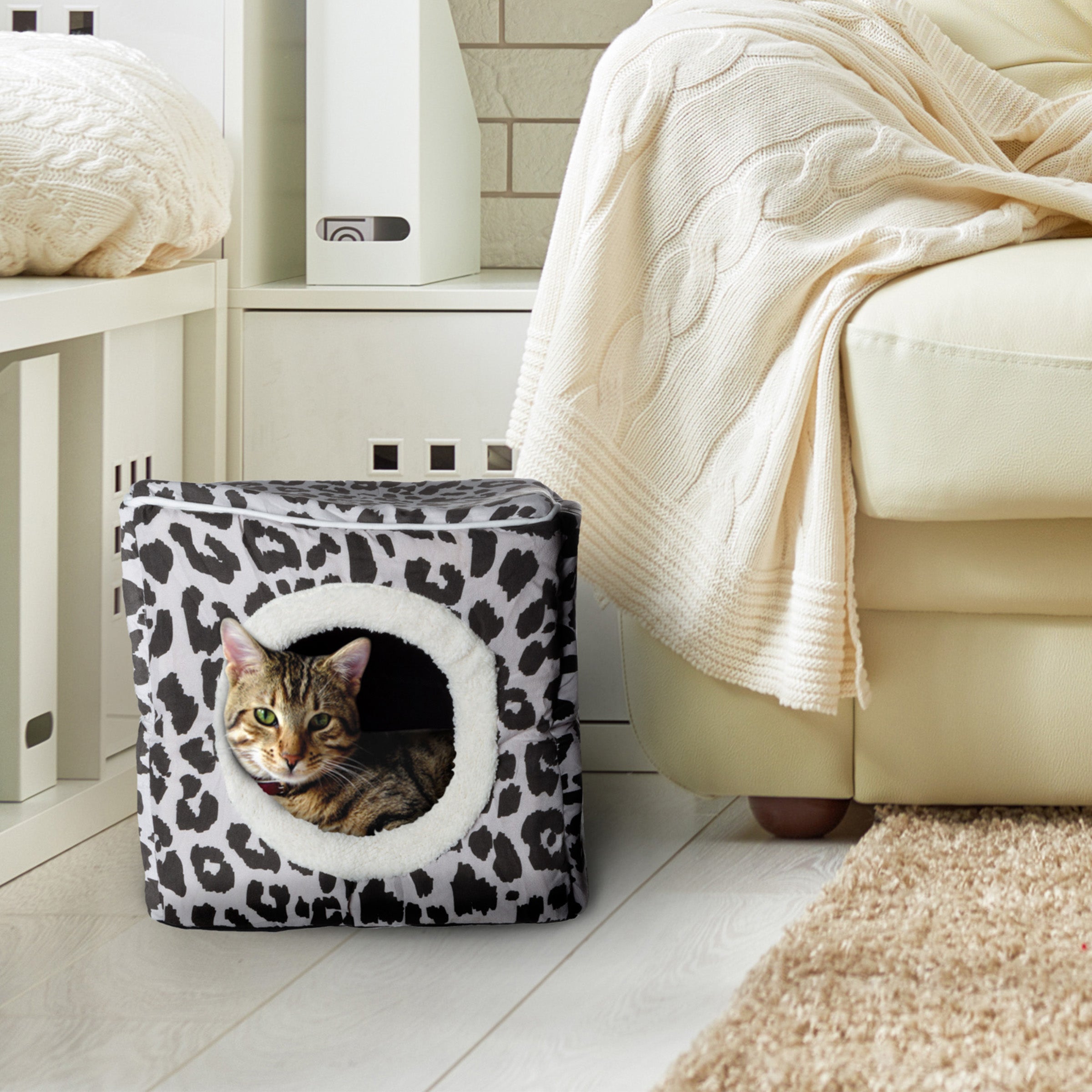 Cat House - Indoor Bed with Removable Foam Cushion - Cat Cave for Puppies, Rabbits, Guinea Pigs, and Other Small Animals by PETMAKER (Animal Print)