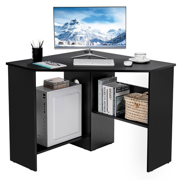 Costway Corner Computer Desk Triangle Writing Workstation W Storage Shelf White black