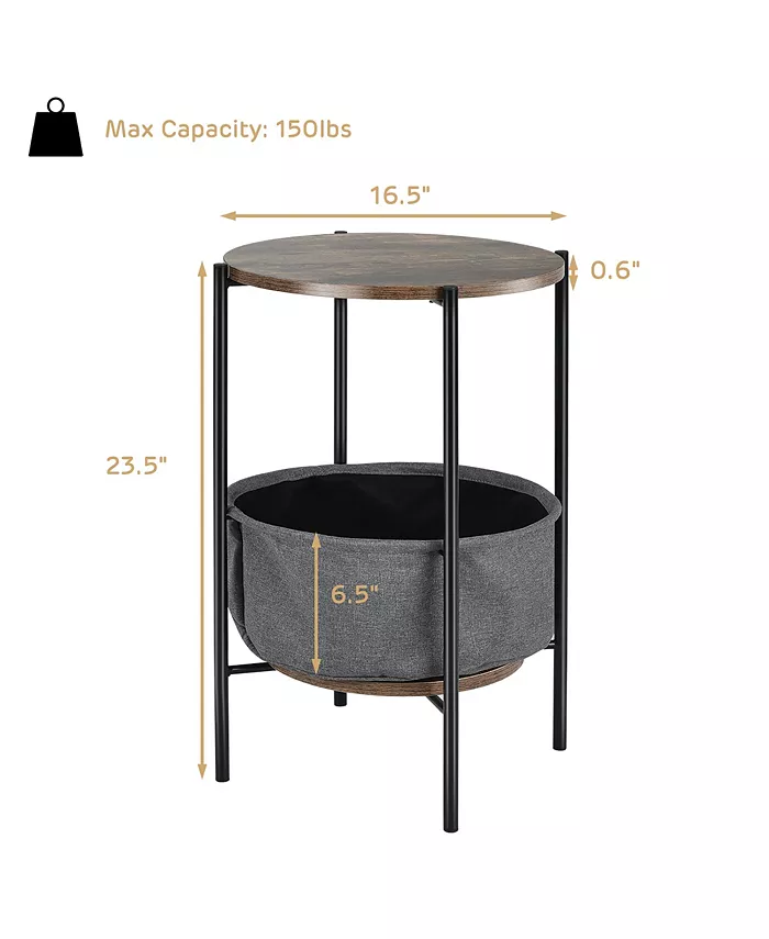 Costway Industrial Round End Side Table Sofa Coffee Table w  Storage BasketandMetal Frame