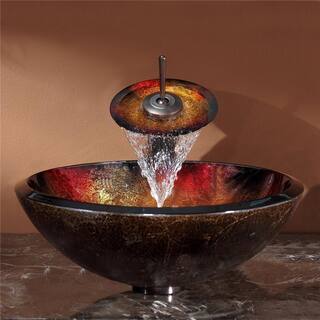 KRAUS Mercury Glass Vessel Sink in RedGold with Waterfall Faucet in Oil Rubbed Bronze C-GV-680-19mm-10ORB