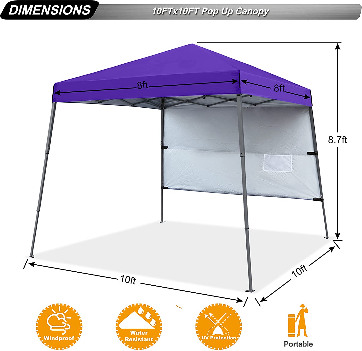 ABCCANOPY 10 ft x 10 ft Outdoor Pop up Slant Leg Canopy Tent with 1 Sun Wall and 1 Backpack Bag - Purple