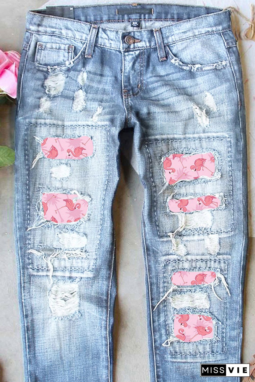 Sky Blue Flamingo Patches Distressed Straight Jeans