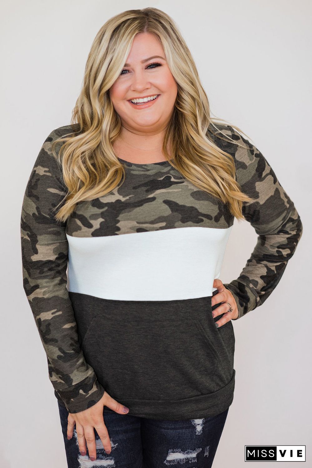 Plus Size Camo Color Block Pullover Top