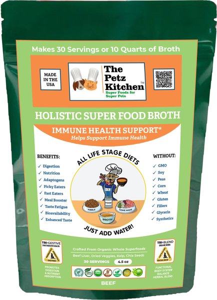 The Petz Kitchen Holistic Super Food Broth Immune Support Beef Flavor Concentrate Powder Beef Flavor Dog and Cat Supplement， 4.5-oz bag