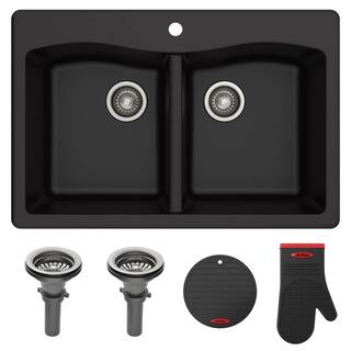 KRAUS Forteza All-in-One Drop-InUndermount Granite Composite 33 in. 1-Hole 5050 Double Bowl Kitchen Sink in Black KGD-52BLACK