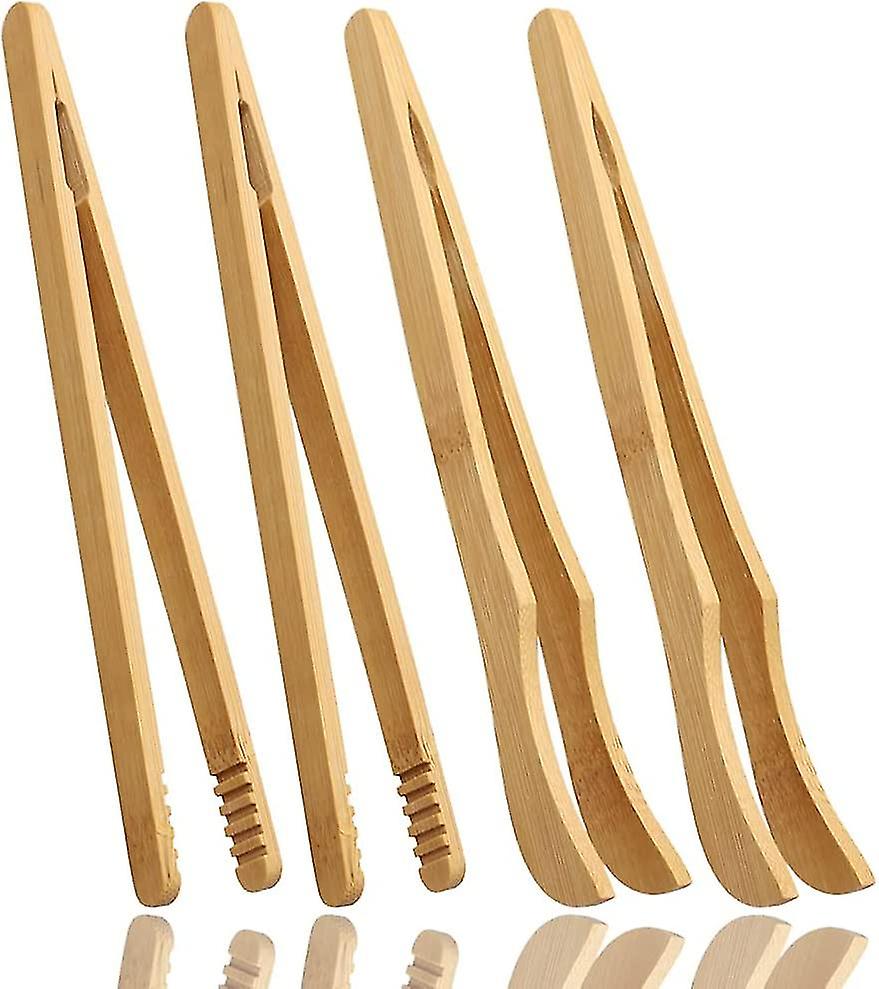 4pcs Bamboo Food Tongs，18cm Bamboo Tongs Small Bbq，kitchen Tongs (2 Straight Tongs And 2 Curved Tongs)