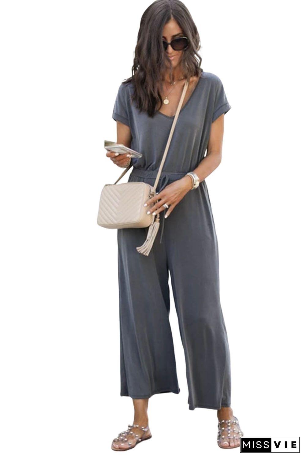 Gray Drawstring Waist Short Sleeve Wide Leg Jumpsuit