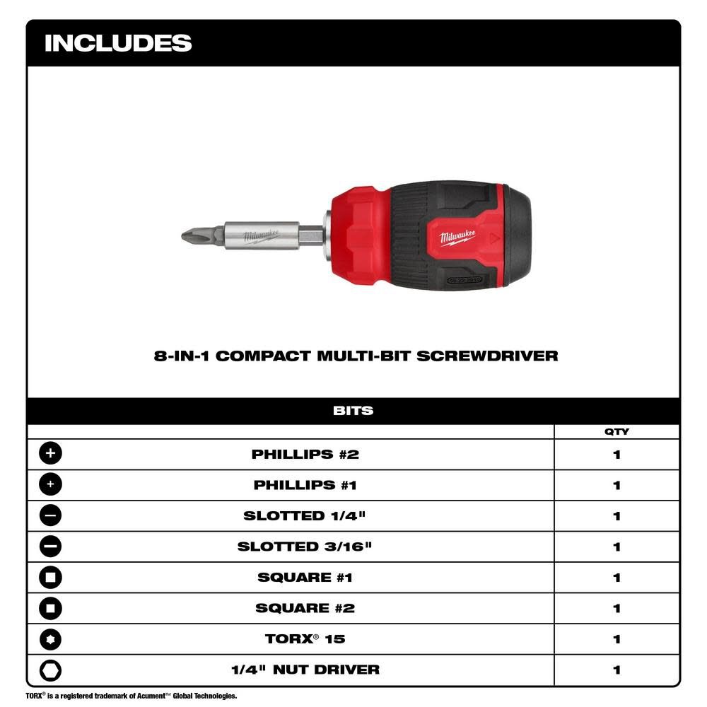 MW 8-in-1 Compact Multi-Bit Screwdriver 48-22-2910 from MW