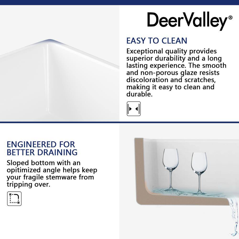 DEERVALLEY Eclipse White Ceramic 33 in. L 5050 Rectangular Double Basin Farmhouse Apron Kitchen Sink with Grid and Strainer DV-1K028