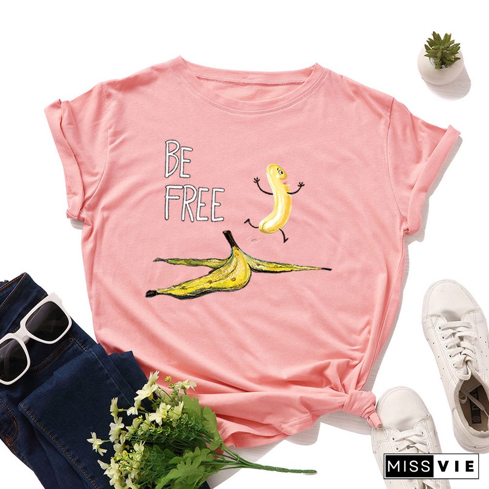 JCGO Summer Cotton Women T Shirt Fashion Short Sleeve Funny Free Banana Print Ladies Tee Shirt Tops Casual O-Neck Female T-shirt