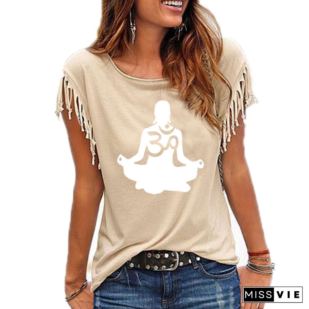 Womens ShortSleeve Om Aum SilhouettePrint T-shirt Summer FashionClothingTShirtWomen's Cotton Tassel Casual T-shirt