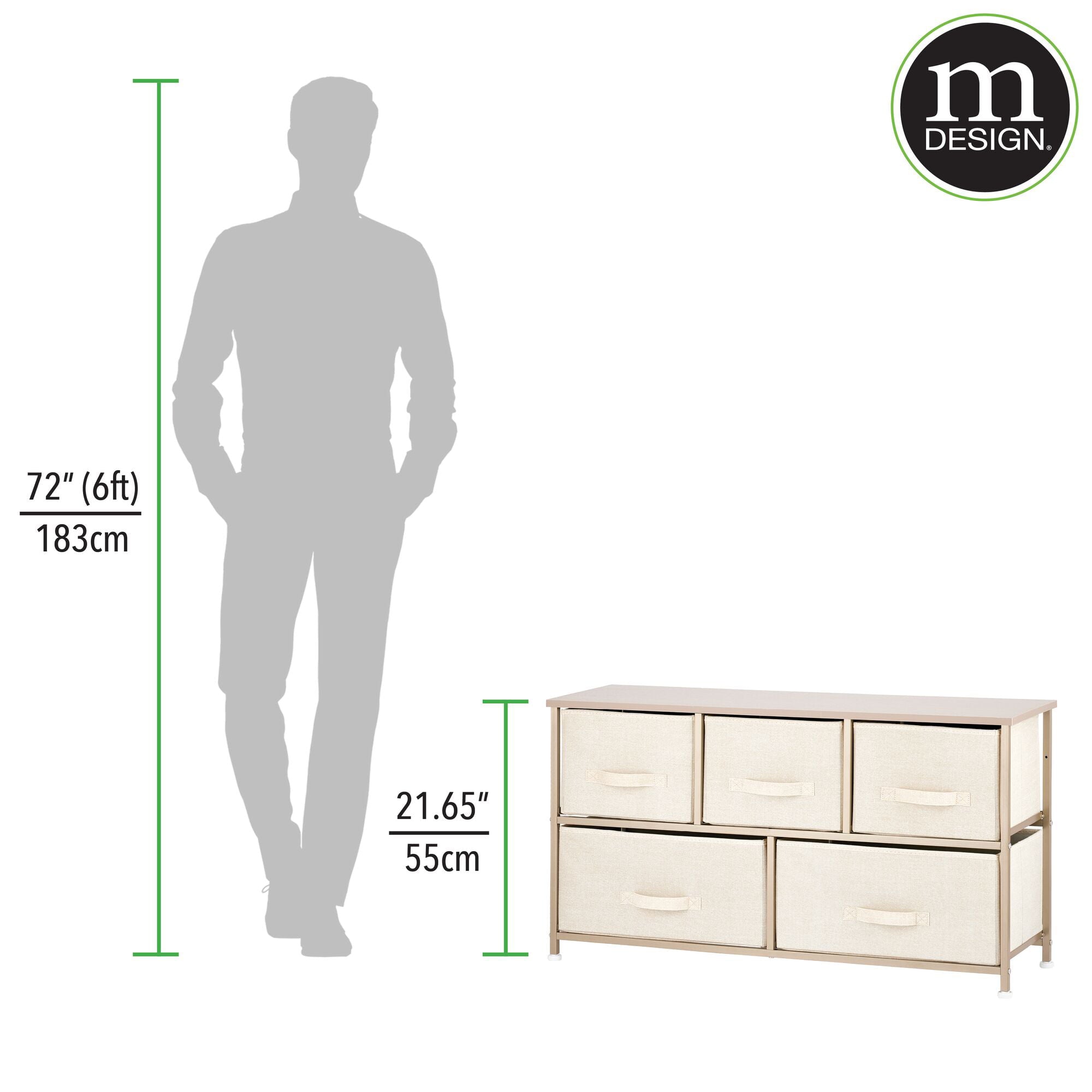 mDesign Wide Steel Frame/Wood Top Storage Dresser Furniture Unit with 5 Removable Fabric Drawers, Large Bureau Organizer for Bedroom, Living Room, Closet - Lido Collection, Cream/Gold