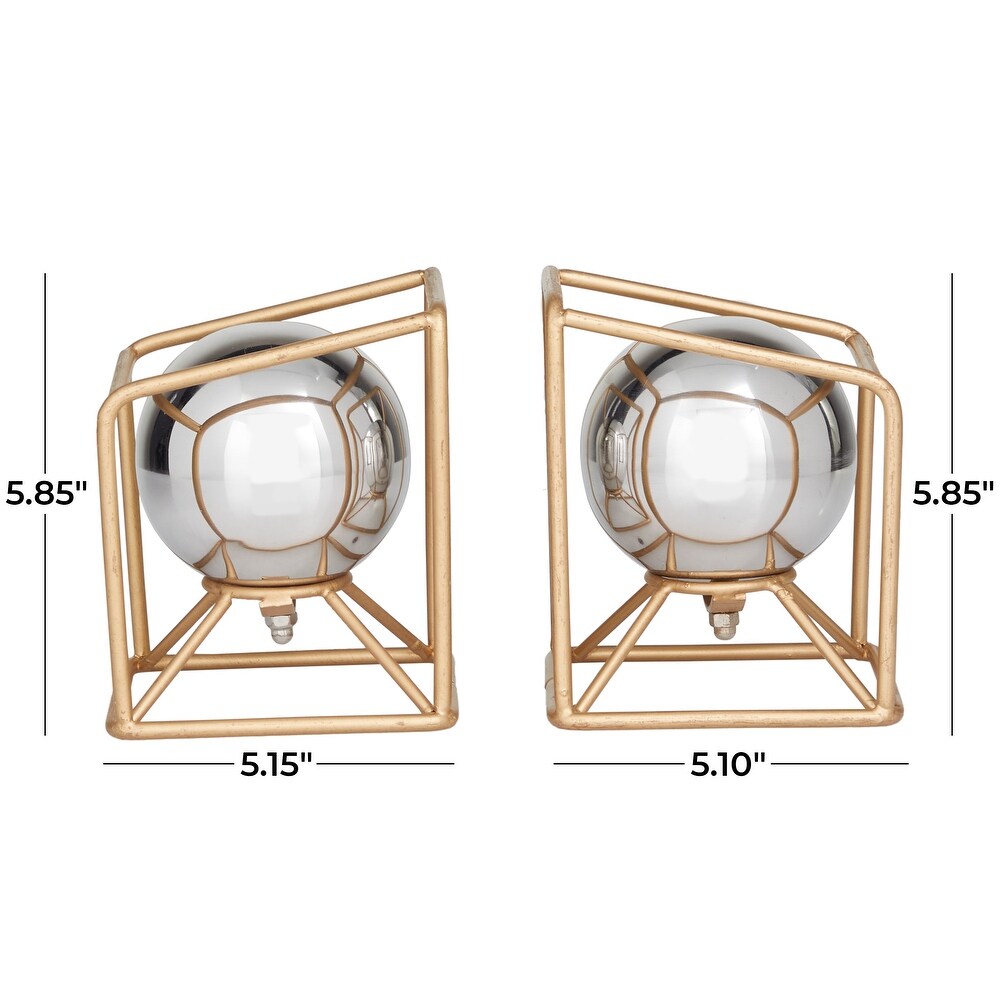 Silver Stainless Steel Orb Geometric Bookends with Gold Base   5.10W x 5.15 L x 5.85H