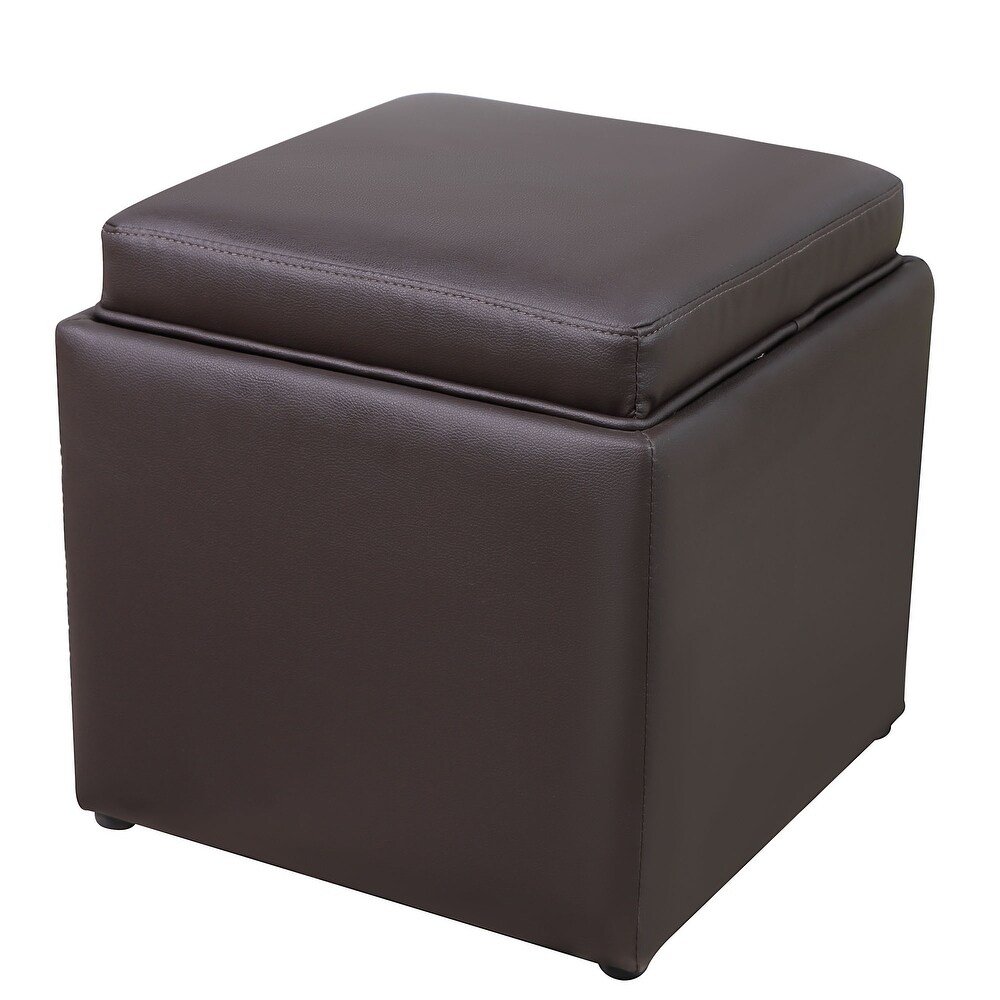 Square Storage Ottoman with Tray Faux Leather Upholstered Footrest Stool Side Coffee Table Seat for Living Room Dining Room