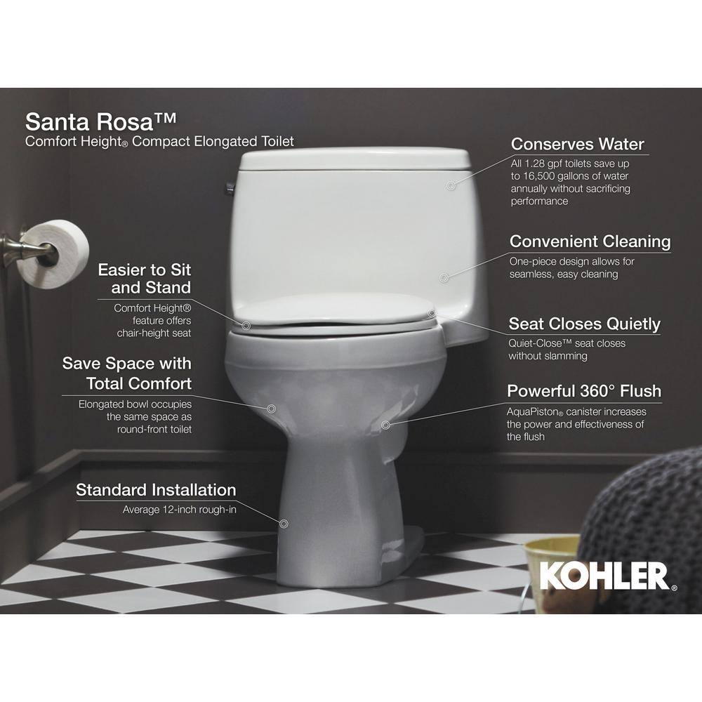 KOHLER Santa Rosa Comfort Height 1-piece 1.28 GPF Single Flush Compact Elongated Toilet with AquaPiston Flush in Black Black K-3810-7