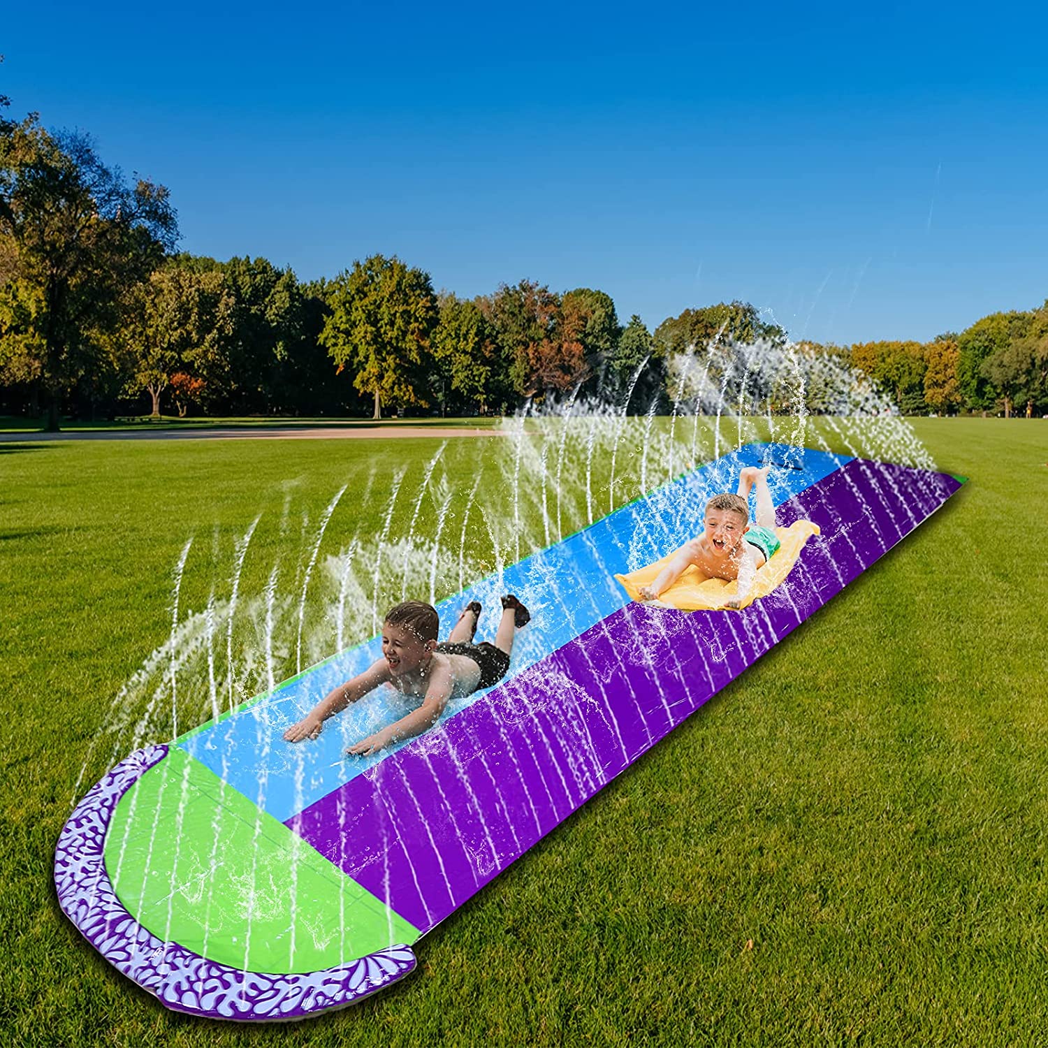 Intera Slip and Slides with 2 Bodyboards Water Toys, Backyard Giant Racing Lanes Splash Outdoor Pool Inflatable Water Slides Summer Play,15.7ft x 55in