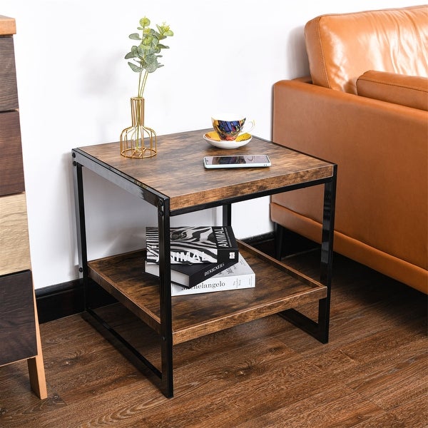 2-tiers Storage Shelf Sofa Table Antique Brown Square Coffee Table with Metal Frame Side Table for Living Room，Bedroom