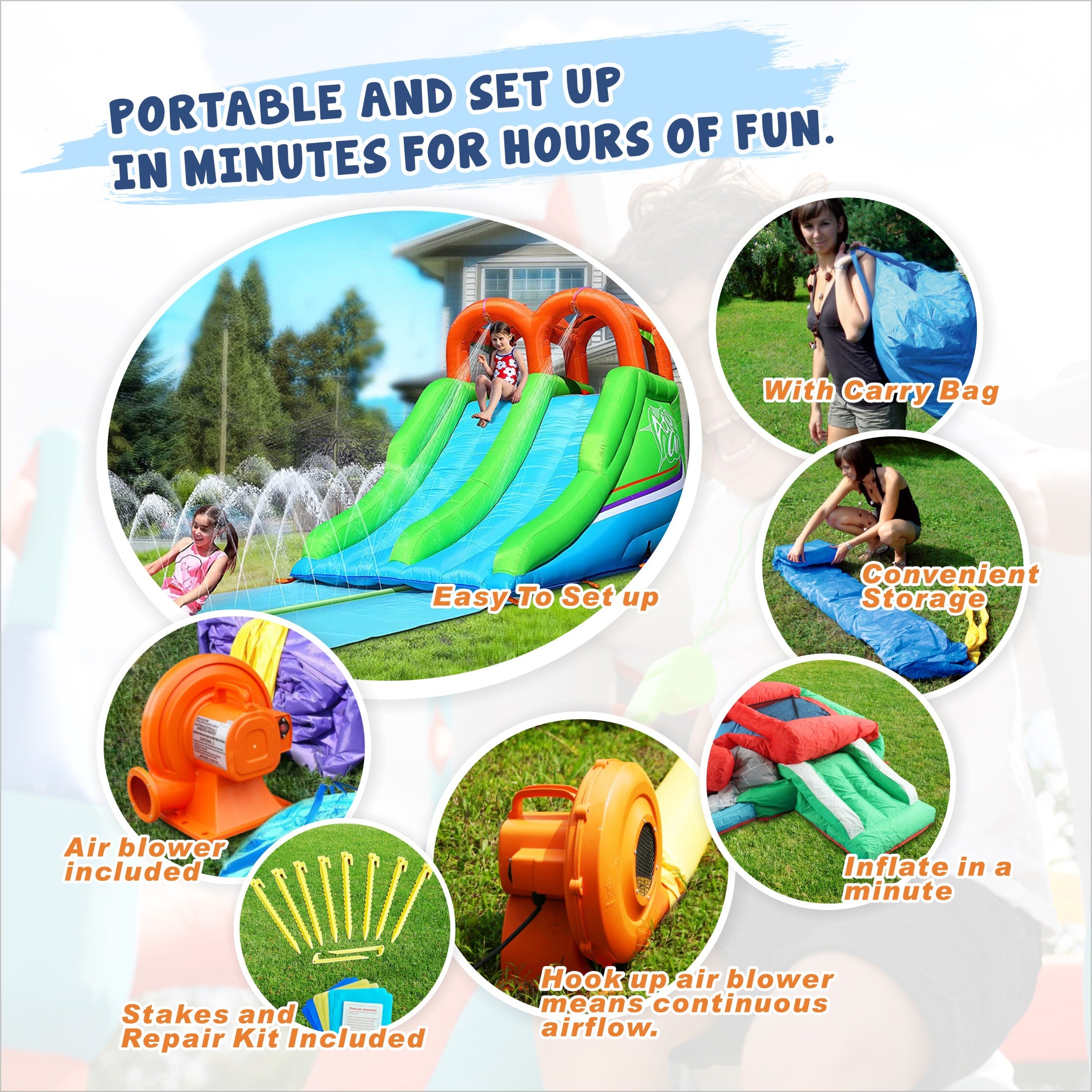 Action Air Inflatable Water Slide, Long Waterslides, Splashing Pool Sprinkler Racing Bouncer