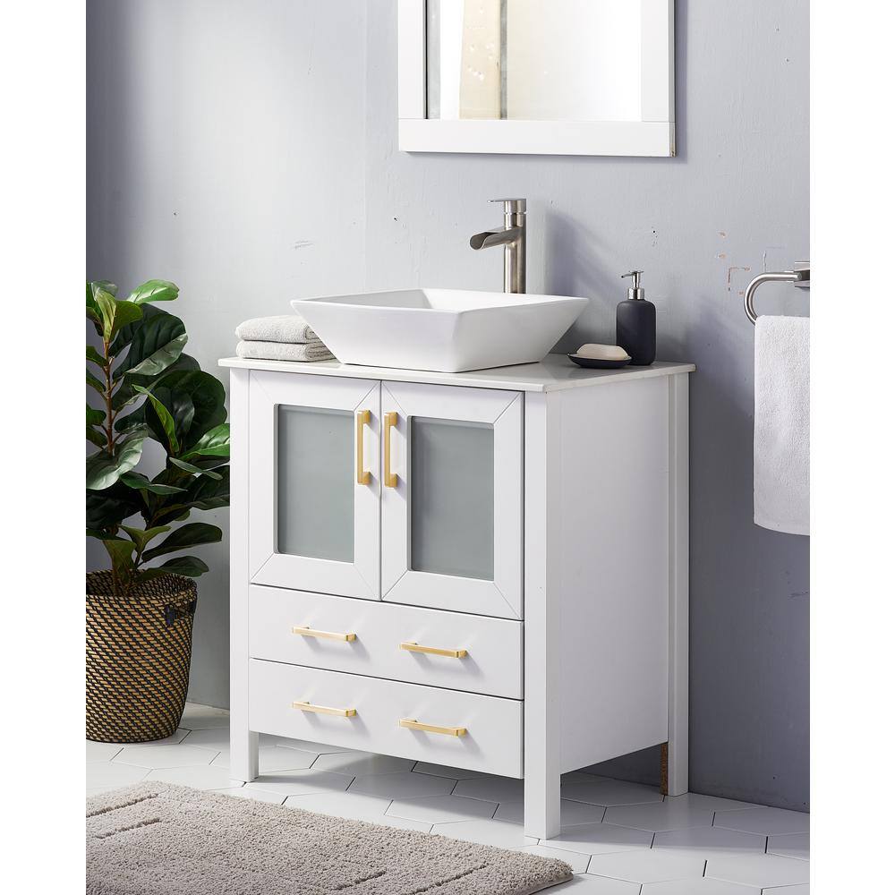 VC CUCINE 30 in. W x 18.5 in. D x 31 in. H Modern Bathroom Vanity in White with White Ceramic Single Top with Vessel Sink in White US02BPVC-MZ-J401