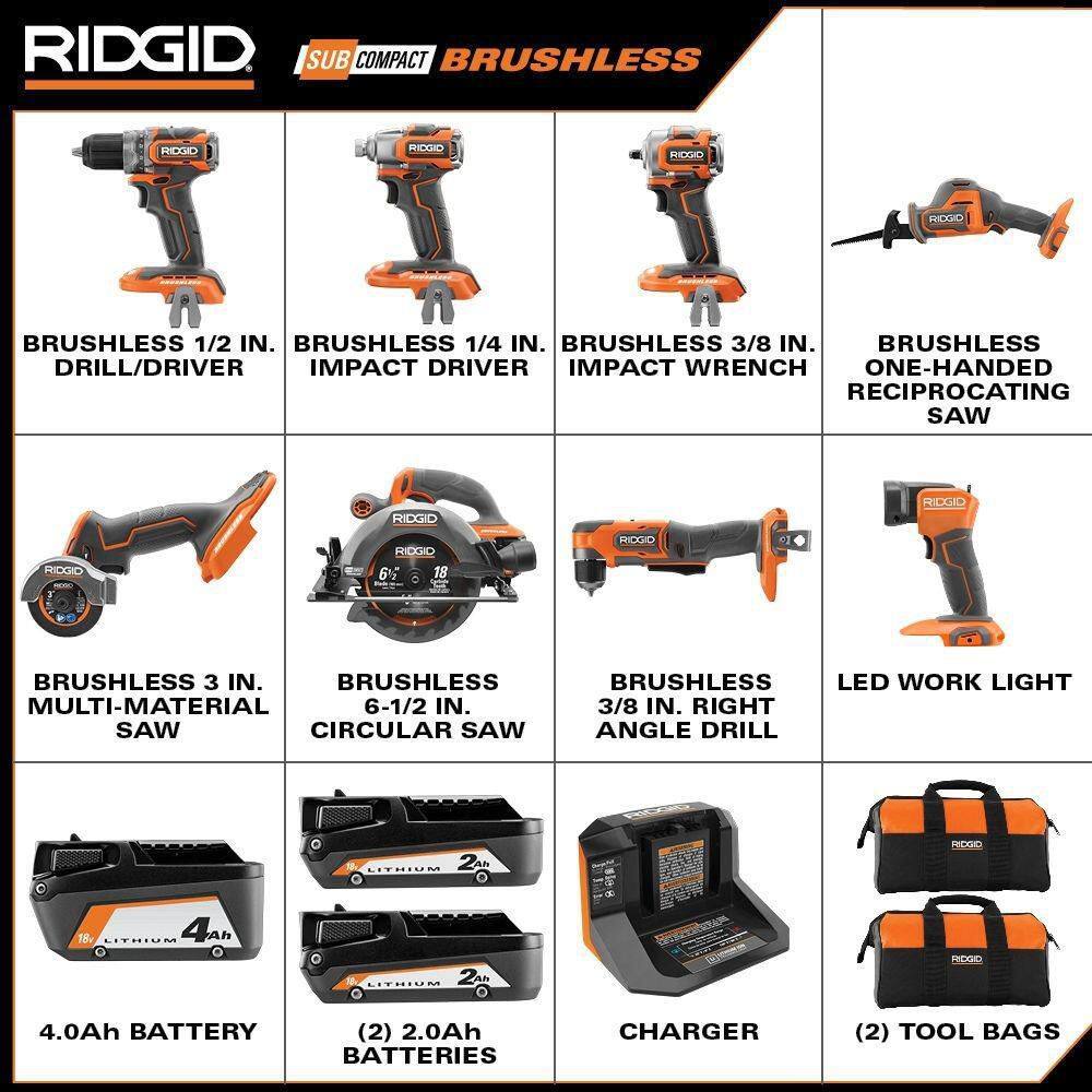 RIDGID 18V SubCompact Brushless Cordless 8-Tool Combo Kit with (2) 2.0 Ah Batteries 4.0 Ah Battery Charger and Bag R96262N