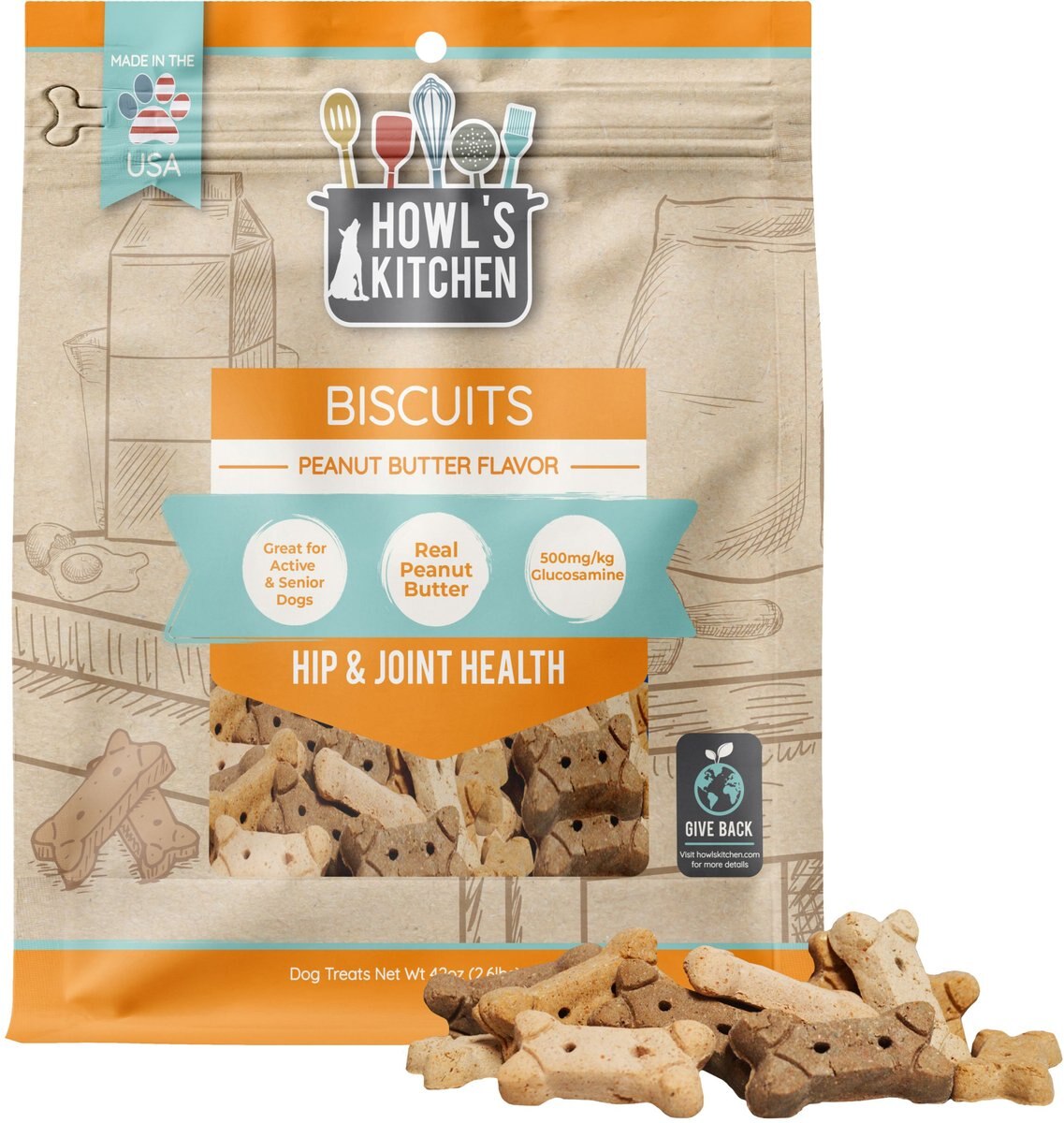 Howl's Kitchen Hip and Joint Peanut Butter Flavor Biscuits Dog Treats