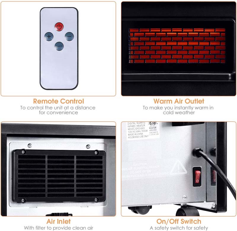 1500W Infrared Space Heater Portable Quartz Mini Electric Heater with Remote Control, Timer & Filter