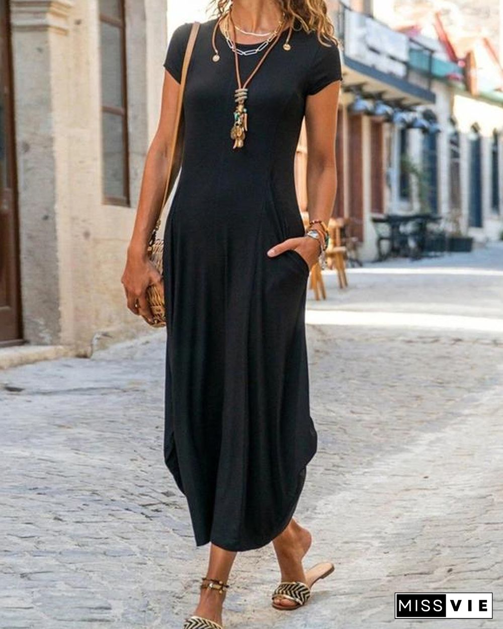 Casual Short Sleeve Crew Neck Plain A-Line Dresses