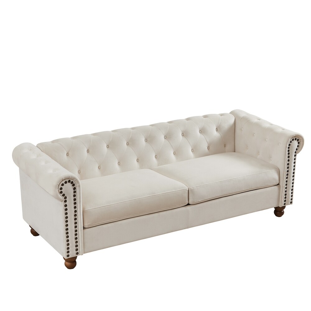 Modern Tufted Fabric Sofa Velvet Upholstered Couch High Tech Fabric for Living Room Sofa with Nailheads Arms and Wood Legs