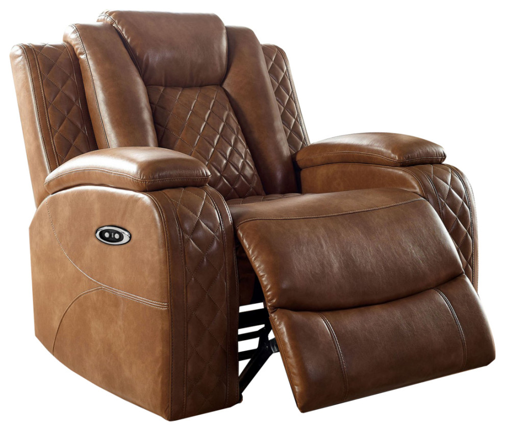 Leatherette Power Recliner With Stitched Diamond Pattern Brown  Saltoro Sherpi   Contemporary   Recliner Chairs   by VirVentures  Houzz