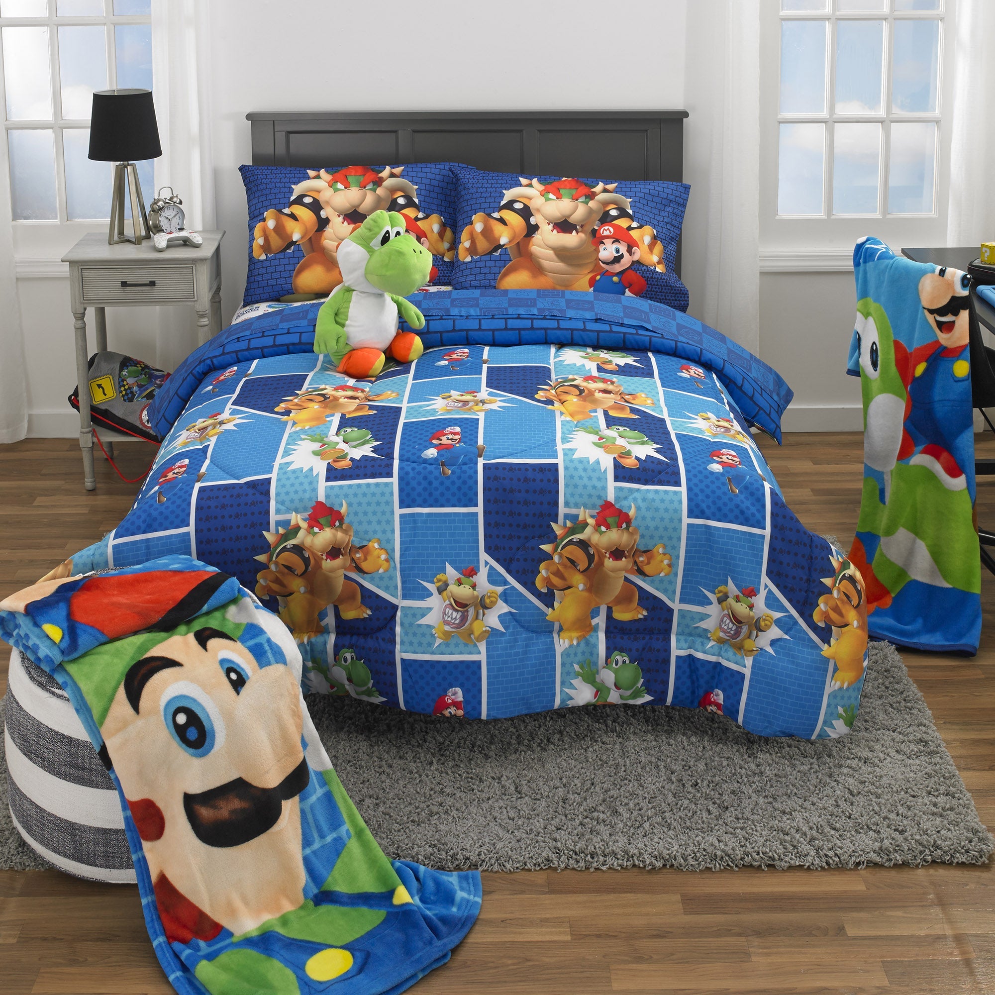 Super Mario Kids Full Bed in a Bag, Gaming Bedding, Comforter and Sheets, Blue, 