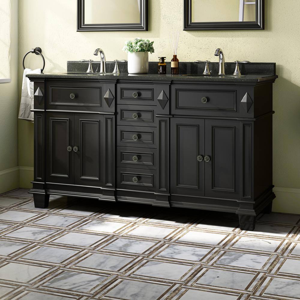 OVE Decors Essex 60 in. W x 21 in. D Vanity in Antique Black with Granite Vanity Top in Black with White Basin Essex 60