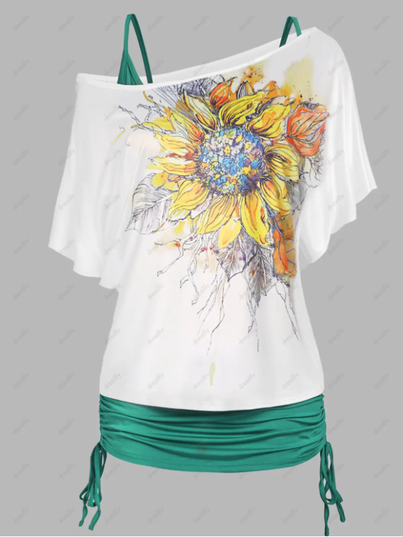 Vacation Sunflower Print T Shirt Cinched Cami Top and Lace Up Skinny Crop Leggings Summer Casual Outfit