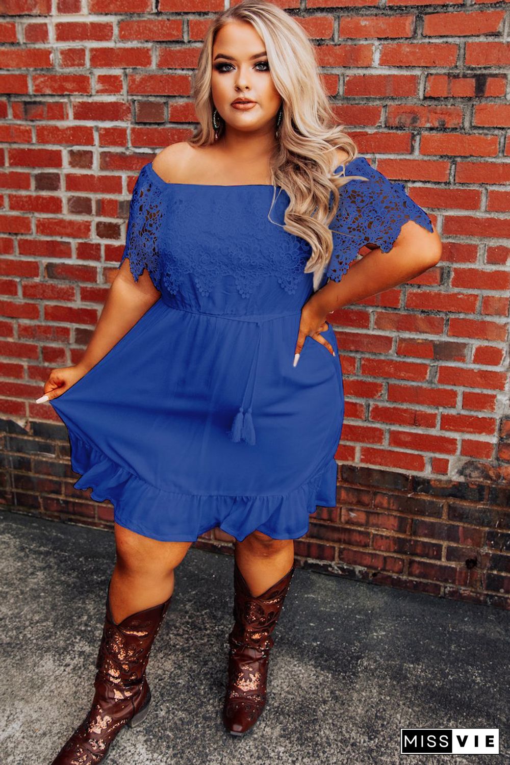 Blue Off-the-shoulder Lace Sleeves Plus size Dress