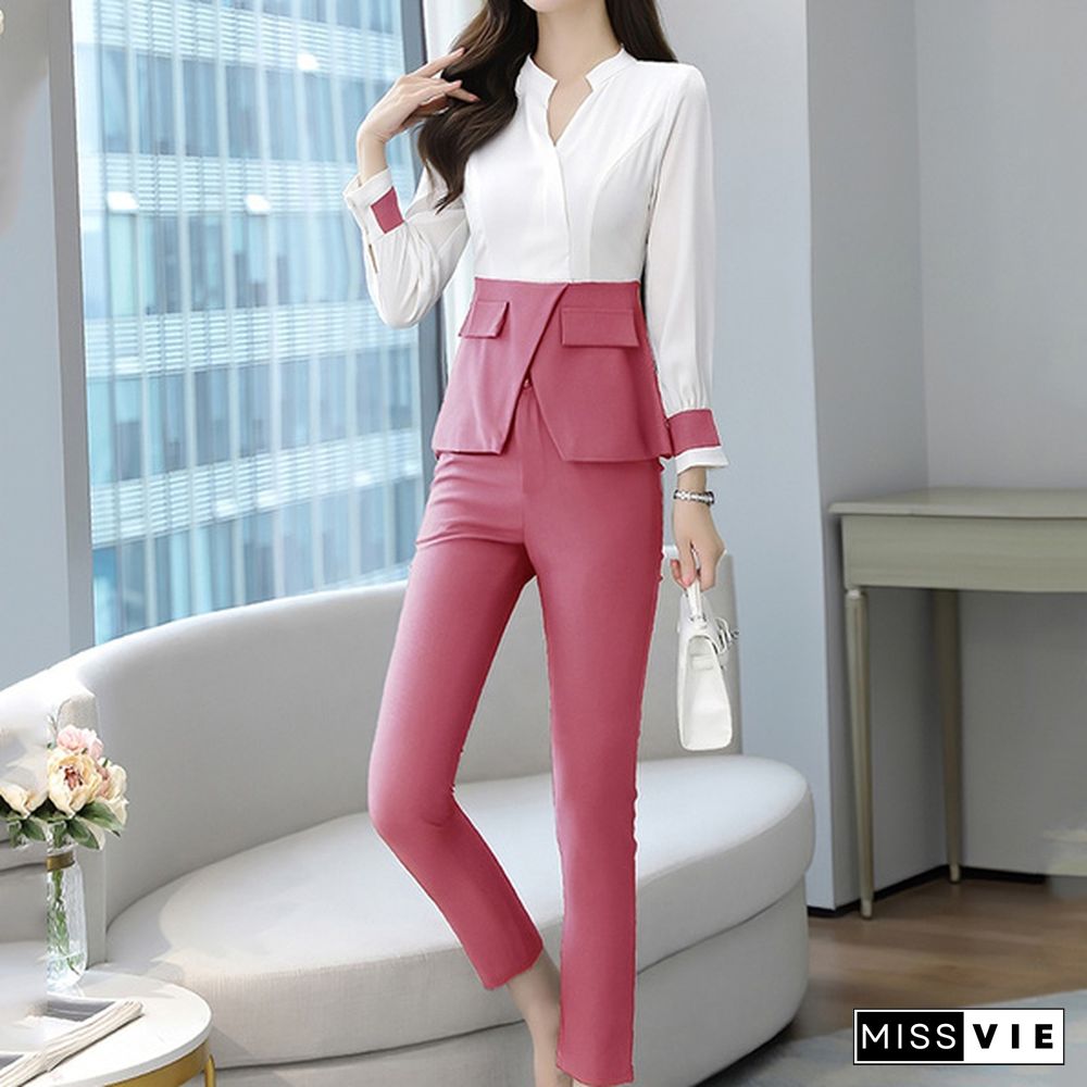 Designer Autumn Suit Women Pants 2 Piece Set Elegant Office Lady Outfits Hit Color Blouse And Pants Fashion Sets