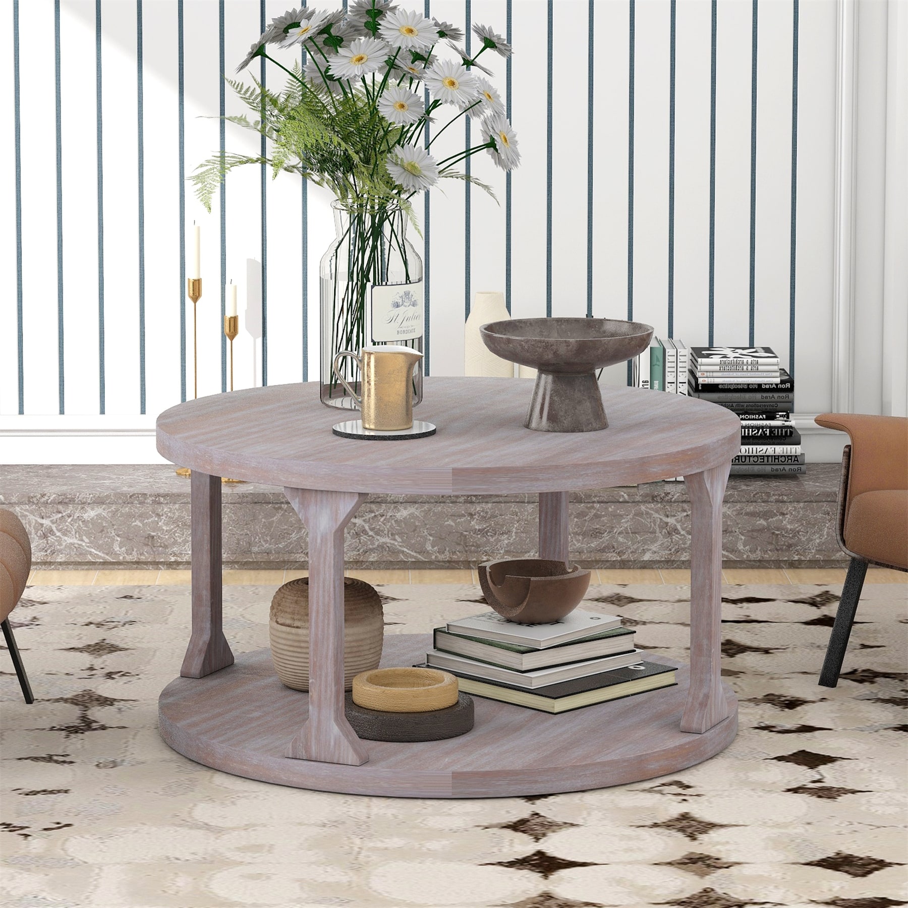 Round Rustic Wooden Coffee Table for Living Room