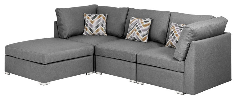 Amira Gray Linen Fabric Sofa with Ottoman and Accent Pillows   Contemporary   Sectional Sofas   by Morning Design Group  Inc  Houzz