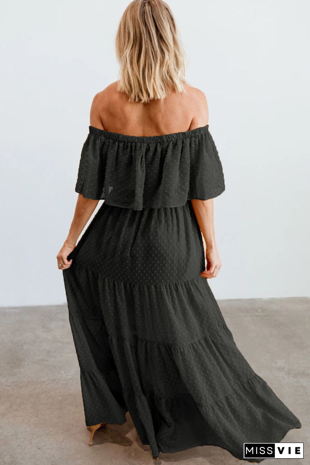 Black Off Shoulder Ruffle Swiss Dot Maxi Dress