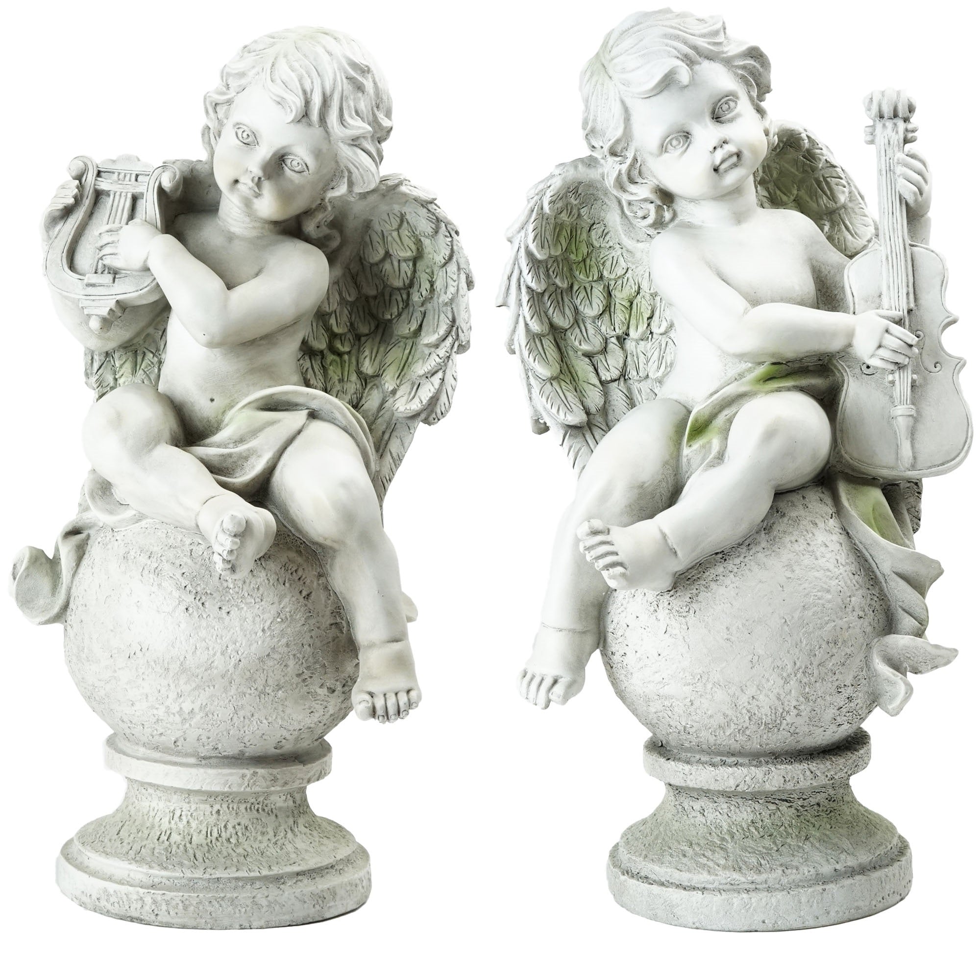 14.75" White Set of 2 Cherub Angels with Instruments Sitting on Finials Outdoor Garden Statues