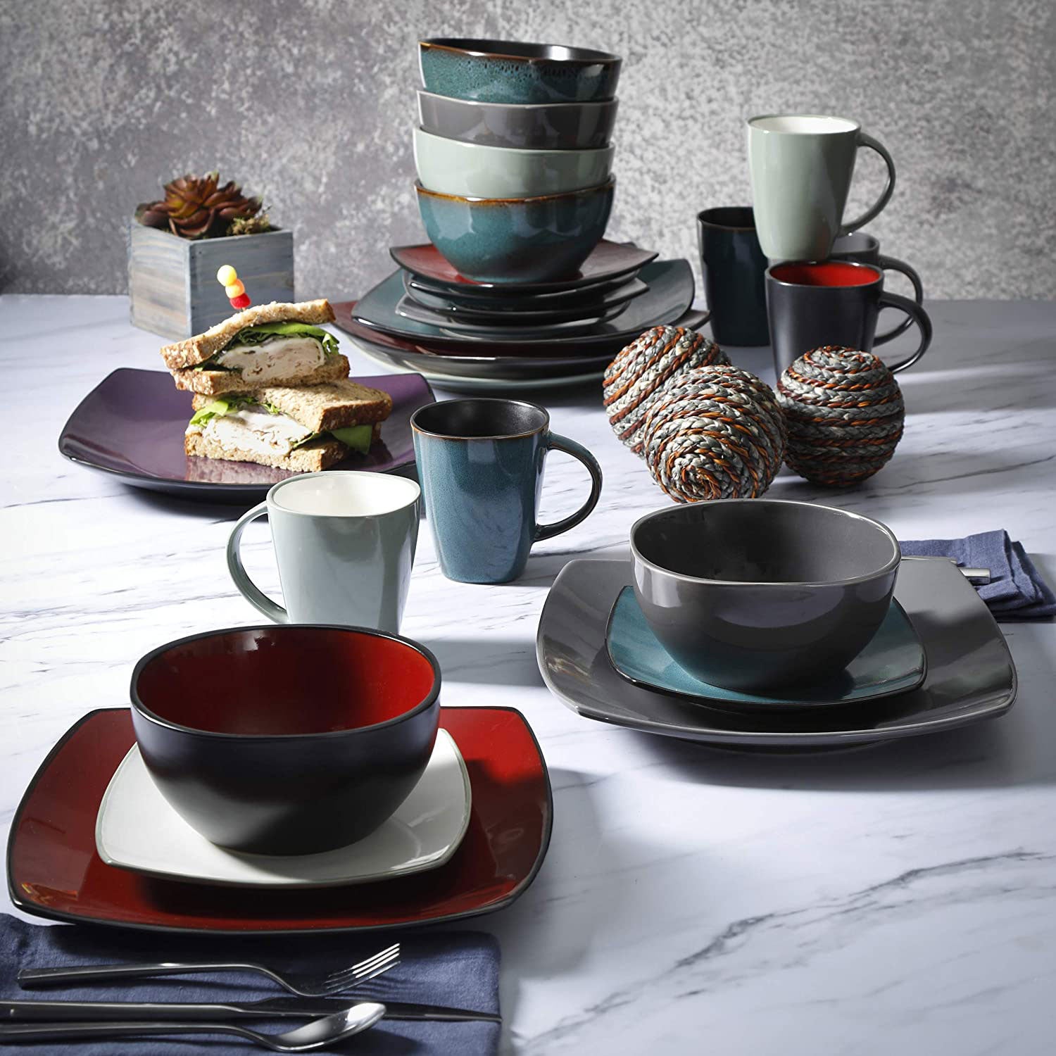 Gibson Soho Lounge 16 Piece Reactive Glaze Plates, Bowls, & Mugs, Red (Open Box)