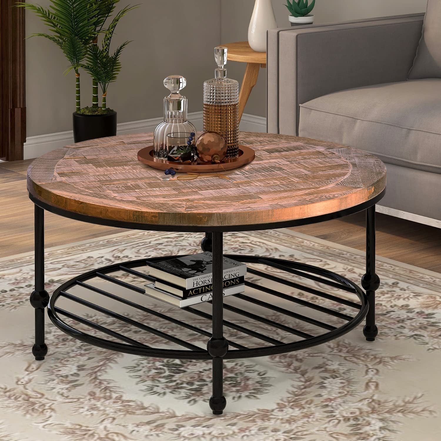 Rustic Natural Round Coffee Table Wood Tabletop and Metal Leg 2 Tier Coffee Table with Storage Shelf for Living Room