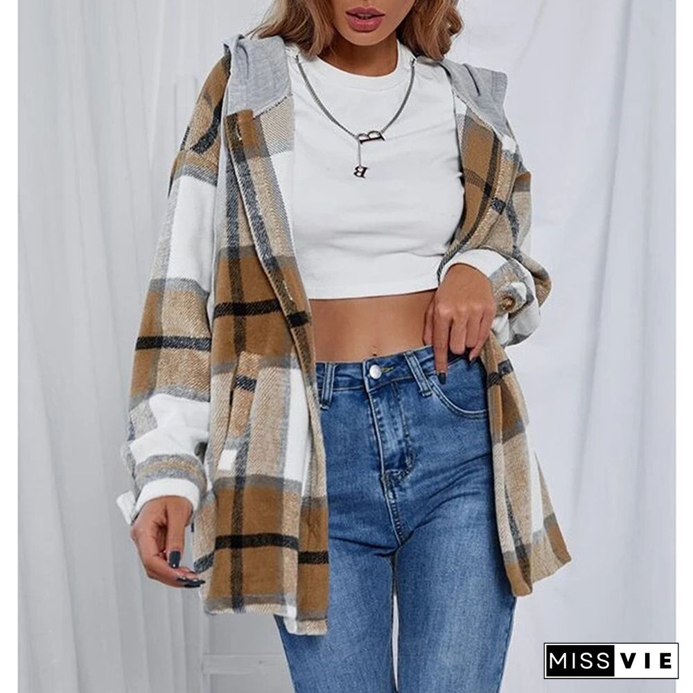 Plaid Jacket Women Overshirt Long Checkered Jackets Female Long Sleeve Winter Hooded Coat Shirt Jacket Harajuku Tops