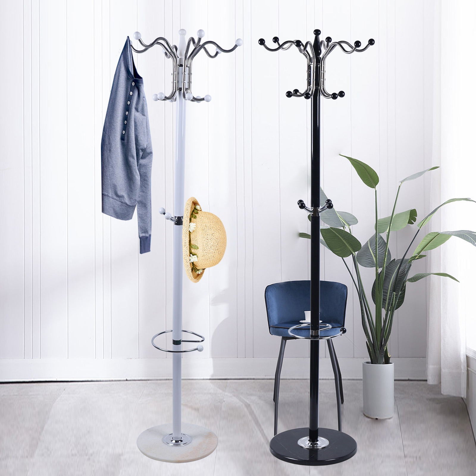 Wuzstar 16 Hooks Metal Coat Rack Floor Standing Tree Shape Bag Hanger Umbrella Holder with Mar-ble Base(Black)